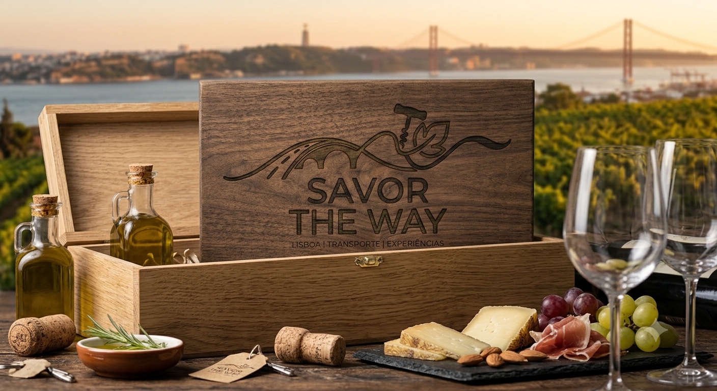 Mesa com vinhos e produtos portugueses perante Lisboa e o Tejo
